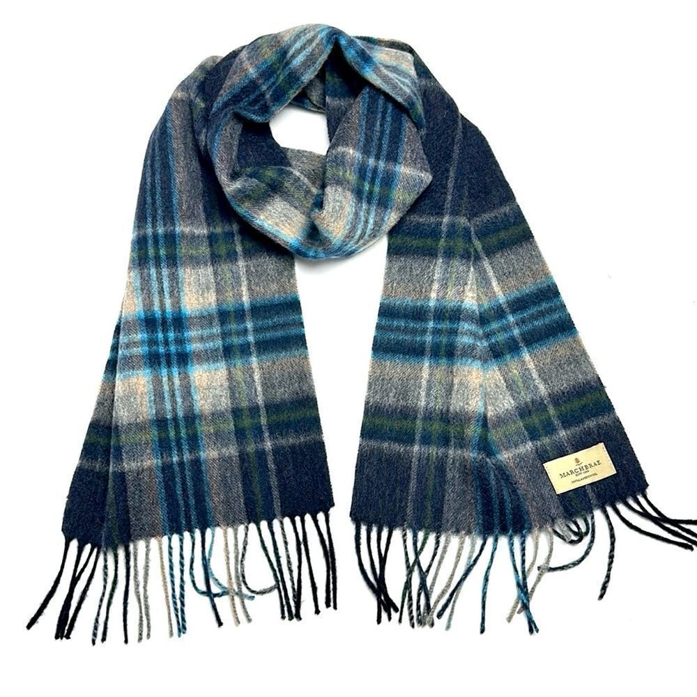 NWOT Marchbrae Wool Gray Blue Plaid Scarf Men’s